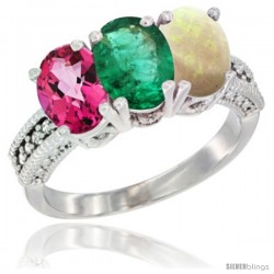 14K White Gold Natural Pink Topaz, Emerald & Opal Ring 3-Stone 7x5 mm Oval Diamond Accent