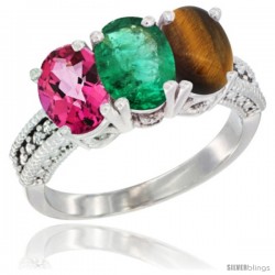 14K White Gold Natural Pink Topaz, Emerald & Tiger Eye Ring 3-Stone 7x5 mm Oval Diamond Accent