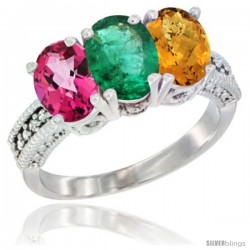 14K White Gold Natural Pink Topaz, Emerald & Whisky Quartz Ring 3-Stone 7x5 mm Oval Diamond Accent