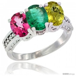 14K White Gold Natural Pink Topaz, Emerald & Lemon Quartz Ring 3-Stone 7x5 mm Oval Diamond Accent