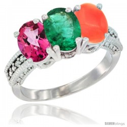 14K White Gold Natural Pink Topaz, Emerald & Coral Ring 3-Stone 7x5 mm Oval Diamond Accent