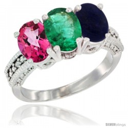 14K White Gold Natural Pink Topaz, Emerald & Lapis Ring 3-Stone 7x5 mm Oval Diamond Accent