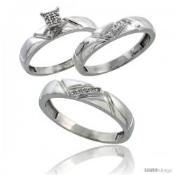 Sterling Silver Diamond Trio Wedding Ring Set His 4.5mm & Hers 4mm Rhodium finish