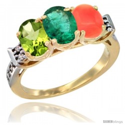 10K Yellow Gold Natural Peridot, Emerald & Coral Ring 3-Stone Oval 7x5 mm Diamond Accent