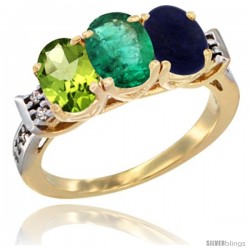 10K Yellow Gold Natural Peridot, Emerald & Lapis Ring 3-Stone Oval 7x5 mm Diamond Accent