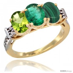 10K Yellow Gold Natural Peridot, Emerald & Malachite Ring 3-Stone Oval 7x5 mm Diamond Accent