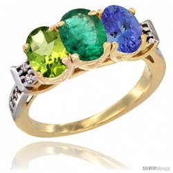 10K Yellow Gold Natural Peridot, Emerald & Tanzanite Ring 3-Stone Oval 7x5 mm Diamond Accent