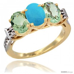 10K Yellow Gold Natural Turquoise & Green Amethyst Sides Ring 3-Stone Oval 7x5 mm Diamond Accent