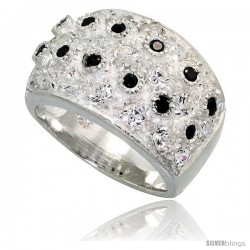 Sterling Silver Dome Ring, High Quality Black & White CZ Stones, 1/2 in (13 mm) wide