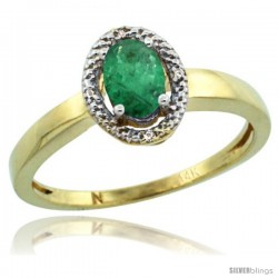 14k Yellow Gold Diamond Halo Emerald Ring 0.75 Carat Oval Shape 6X4 mm, 3/8 in (9mm) wide