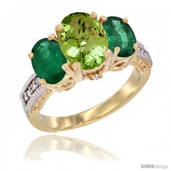 14K Yellow Gold Ladies 3-Stone Oval Natural Peridot Ring with Emerald Sides Diamond Accent