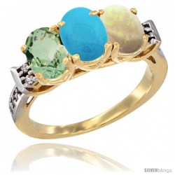 10K Yellow Gold Natural Green Amethyst, Turquoise & Opal Ring 3-Stone Oval 7x5 mm Diamond Accent