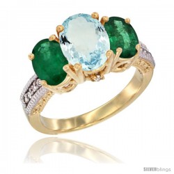 14K Yellow Gold Ladies 3-Stone Oval Natural Aquamarine Ring with Emerald Sides Diamond Accent