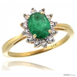 14k Yellow Gold Diamond Halo Emerald Ring 0.85 ct Oval Stone 7x5 mm, 1/2 in wide