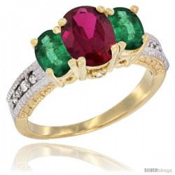 14k Yellow Gold Ladies Oval Natural Ruby 3-Stone Ring with Emerald Sides Diamond Accent