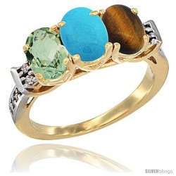 10K Yellow Gold Natural Green Amethyst, Turquoise & Tiger Eye Ring 3-Stone Oval 7x5 mm Diamond Accent