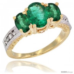 14k Yellow Gold Ladies Oval Natural Emerald 3-Stone Ring Diamond Accent