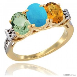 10K Yellow Gold Natural Green Amethyst, Turquoise & Whisky Quartz Ring 3-Stone Oval 7x5 mm Diamond Accent