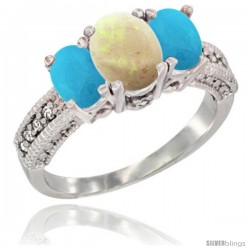 14k White Gold Ladies Oval Natural Opal 3-Stone Ring with Turquoise Sides Diamond Accent