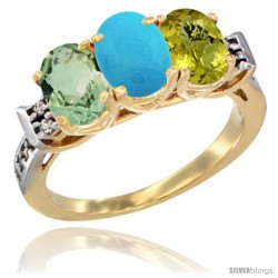 10K Yellow Gold Natural Green Amethyst, Turquoise & Lemon Quartz Ring 3-Stone Oval 7x5 mm Diamond Accent