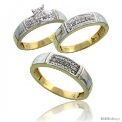 10k Yellow Gold Diamond Trio Engagement Wedding Ring 3-piece Set for Him & Her 5 mm & 4.5 mm, 0.13 cttw Bril -Style Ljy007w3