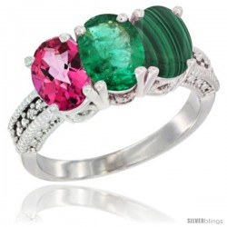 14K White Gold Natural Pink Topaz, Emerald & Malachite Ring 3-Stone 7x5 mm Oval Diamond Accent