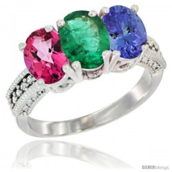 14K White Gold Natural Pink Topaz, Emerald & Tanzanite Ring 3-Stone 7x5 mm Oval Diamond Accent