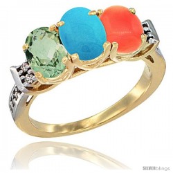 10K Yellow Gold Natural Green Amethyst, Turquoise & Coral Ring 3-Stone Oval 7x5 mm Diamond Accent