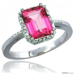 14k White Gold Ladies Natural Pink Topaz Ring Emerald-shape 8x6 Stone Diamond Accent