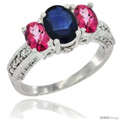 14k White Gold Ladies Oval Natural Blue Sapphire 3-Stone Ring with Pink Topaz Sides Diamond Accent