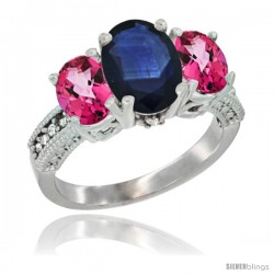 14K White Gold Ladies 3-Stone Oval Natural Blue Sapphire Ring with Pink Topaz Sides Diamond Accent