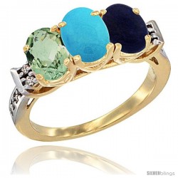 10K Yellow Gold Natural Green Amethyst, Turquoise & Lapis Ring 3-Stone Oval 7x5 mm Diamond Accent