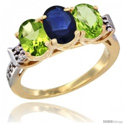 10K Yellow Gold Natural Blue Sapphire & Peridot Sides Ring 3-Stone Oval 7x5 mm Diamond Accent