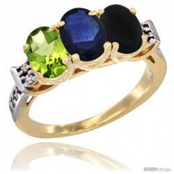 10K Yellow Gold Natural Peridot, Blue Sapphire & Black Onyx Ring 3-Stone Oval 7x5 mm Diamond Accent