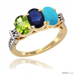 10K Yellow Gold Natural Peridot, Blue Sapphire & Turquoise Ring 3-Stone Oval 7x5 mm Diamond Accent