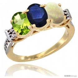 10K Yellow Gold Natural Peridot, Blue Sapphire & Opal Ring 3-Stone Oval 7x5 mm Diamond Accent