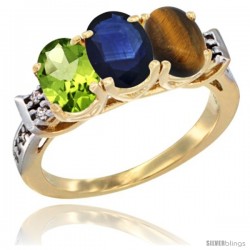 10K Yellow Gold Natural Peridot, Blue Sapphire & Tiger Eye Ring 3-Stone Oval 7x5 mm Diamond Accent