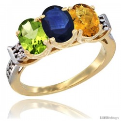 10K Yellow Gold Natural Peridot, Blue Sapphire & Whisky Quartz Ring 3-Stone Oval 7x5 mm Diamond Accent