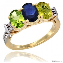 10K Yellow Gold Natural Peridot, Blue Sapphire & Lemon Quartz Ring 3-Stone Oval 7x5 mm Diamond Accent