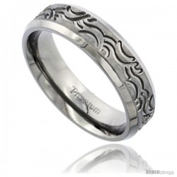 Titanium 6mm Flat Wedding Band / Thumb Ring Tribal Wave Pattern Matte Finish Comfort-fit