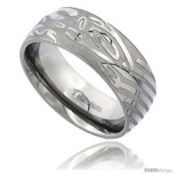 Titanium 8mm Domed Wedding Band Ring Laser Etched Abstract Pattern Matte Background Comfort-fit