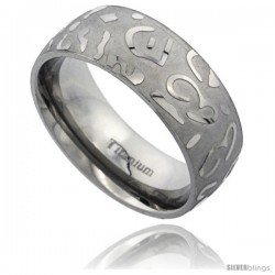 Titanium 8mm Domed Wedding Band Ring Laser Etched Abstract Pattern Matte Background Comfort-fit -Style Rtt520