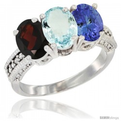 14K White Gold Natural Garnet, Aquamarine & Tanzanite Ring 3-Stone 7x5 mm Oval Diamond Accent