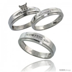 Sterling Silver Diamond Trio Wedding Ring Set His 6mm & Hers 5mm Rhodium finish -Style Ag013w3