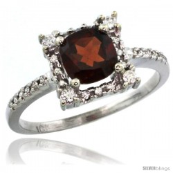 14k White Gold Diamond Halo Garnet Ring 1.2 ct Checkerboard Cut Cushion 6 mm, 11/32 in wide