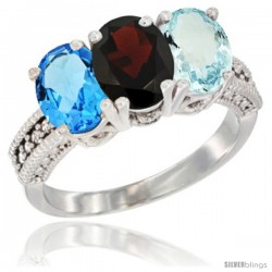 10K White Gold Natural Swiss Blue Topaz, Garnet & Aquamarine Ring 3-Stone Oval 7x5 mm Diamond Accent