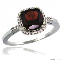 14k White Gold Diamond Garnet Ring 1.5 ct Checkerboard Cut Cushion Shape 7 mm, 3/8 in wide