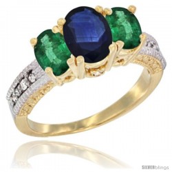 14k Yellow Gold Ladies Oval Natural Blue Sapphire 3-Stone Ring with Emerald Sides Diamond Accent