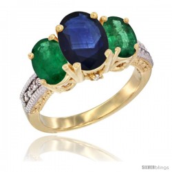 14K Yellow Gold Ladies 3-Stone Oval Natural Blue Sapphire Ring with Emerald Sides Diamond Accent