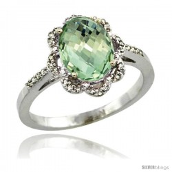 Sterling Silver Diamond Halo Natural Green Amethyst Ring 1.65 Carat Oval Shape 9X7 mm, 7/16 in (11mm) wide